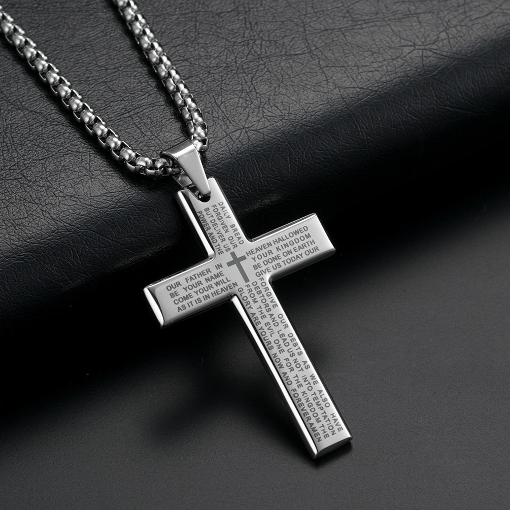 Titanium Steel Bible Cross Necklace Scripture Pendant Chain Necklace Religious Believers Stainless Steel Necklace