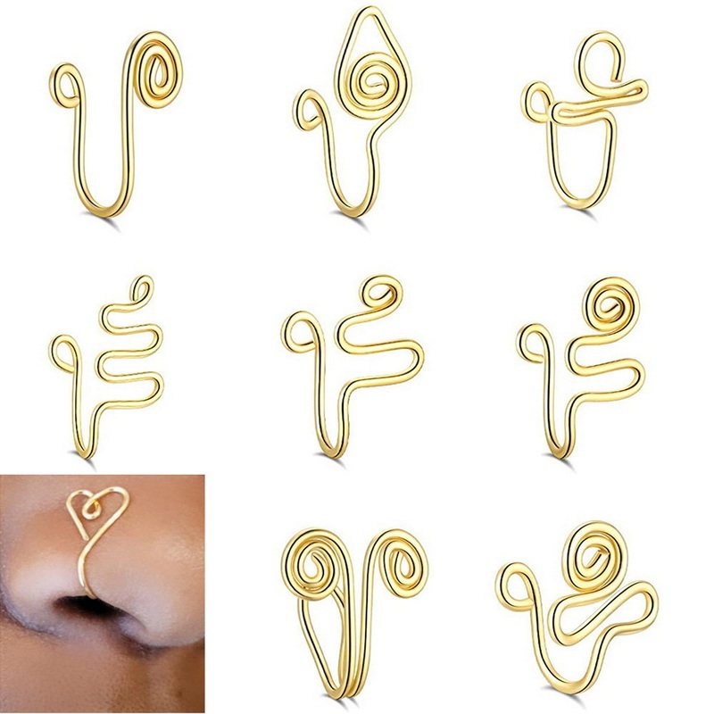 Wholesale Fashion Clip On Nose Rings No Hole Stainless Steel Golden Hollow Twisted Geometry Nose Cuff Non Piercing