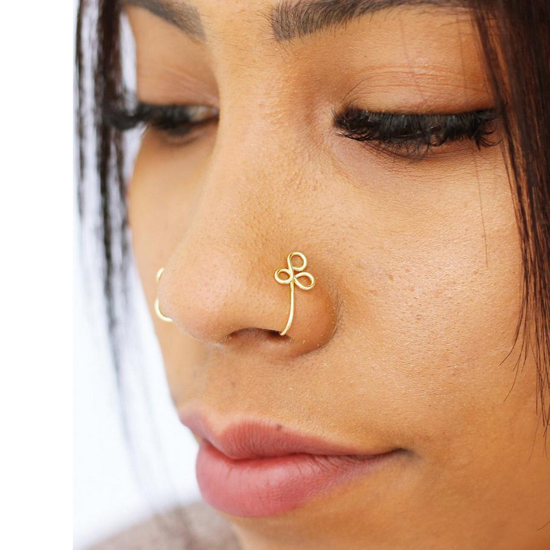 Wholesale Fashion Clip On Nose Rings No Hole Stainless Steel Golden Hollow Twisted Geometry Nose Cuff Non Piercing