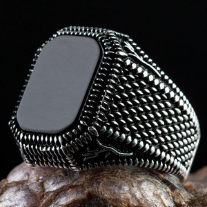 Vintage Fashion Turkish Jewelry Men 925 Sterling Silver Natural Agate Ring Black Stone Silver Rings For Mens Cool Jewelry