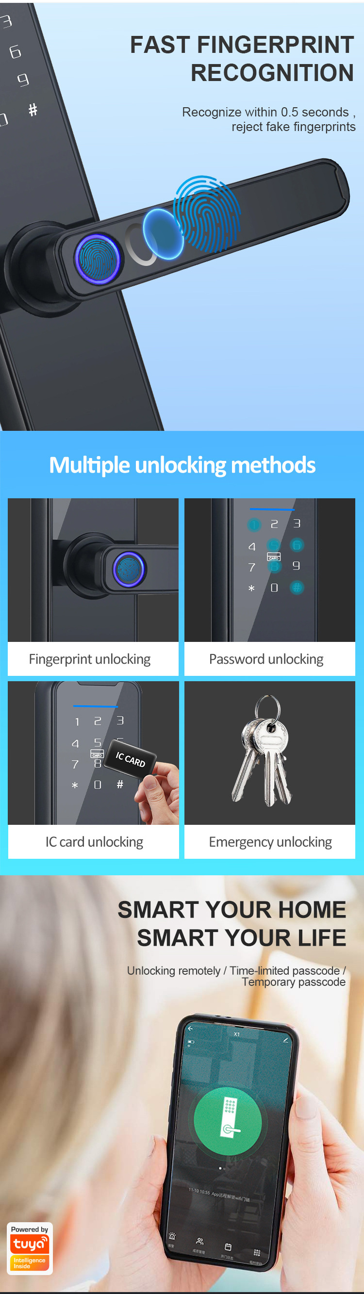 Elock Tuya TTLOCK App Ble Electric Keyless Biometric Fingerprint Password Digital Smart Apartment Room Entry Door Handle Locks