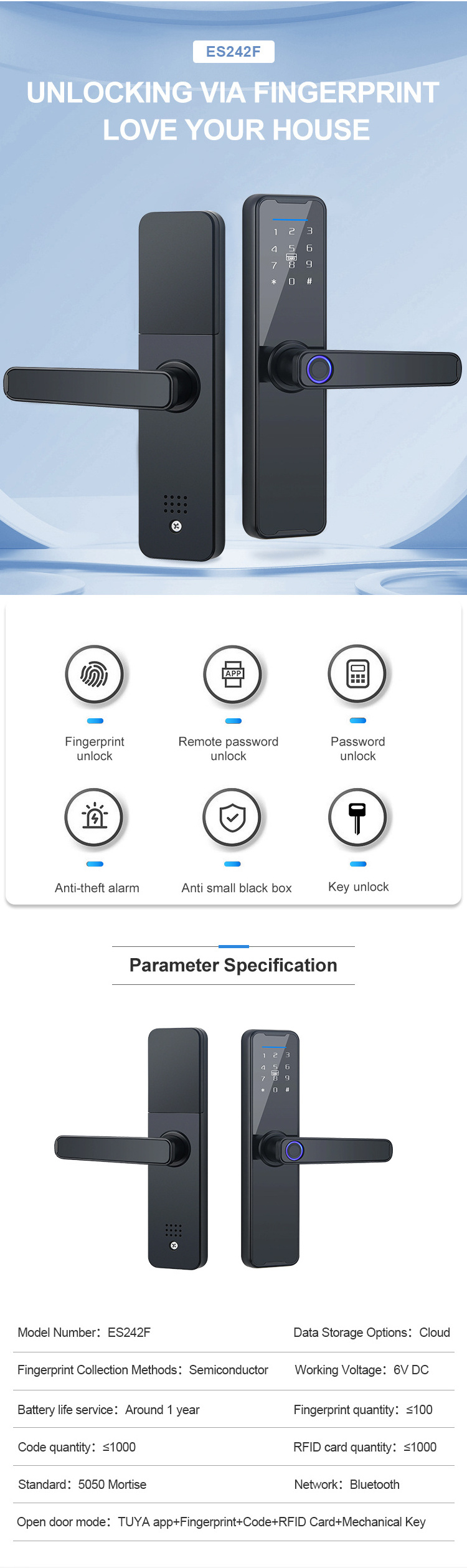 Elock Tuya TTLOCK App Ble Electric Keyless Biometric Fingerprint Password Digital Smart Apartment Room Entry Door Handle Locks