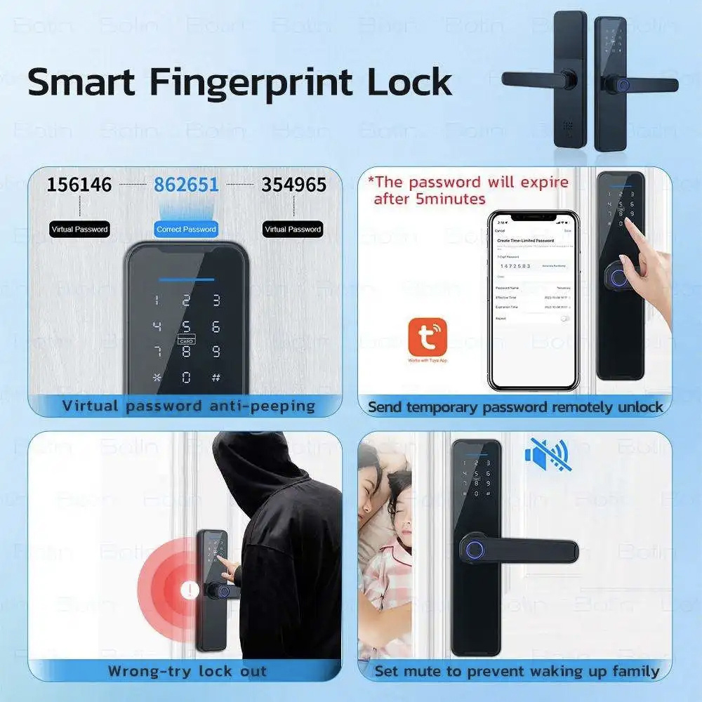 Elock Tuya TTLOCK App Ble Electric Keyless Biometric Fingerprint Password Digital Smart Apartment Room Entry Door Handle Locks