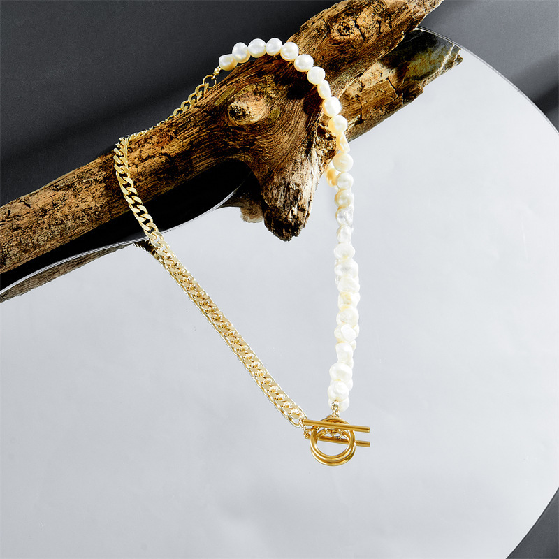 18K Gold Stainless Steel Cuban Chain Real Fresh Water Pearl Fine Jewelry Men Women Dainty Natural Freshwater Pearl Necklace