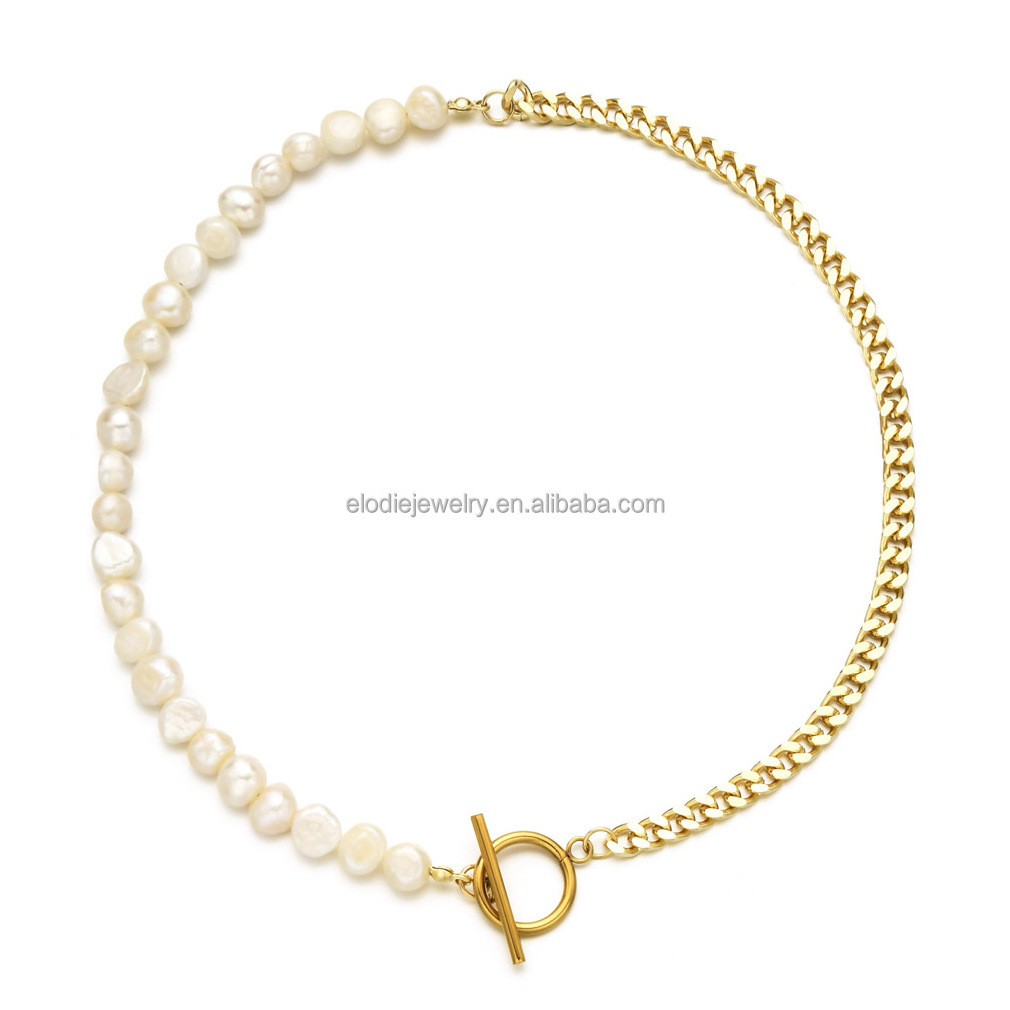 18K Gold Stainless Steel Cuban Chain Real Fresh Water Pearl Fine Jewelry Men Women Dainty Natural Freshwater Pearl Necklace