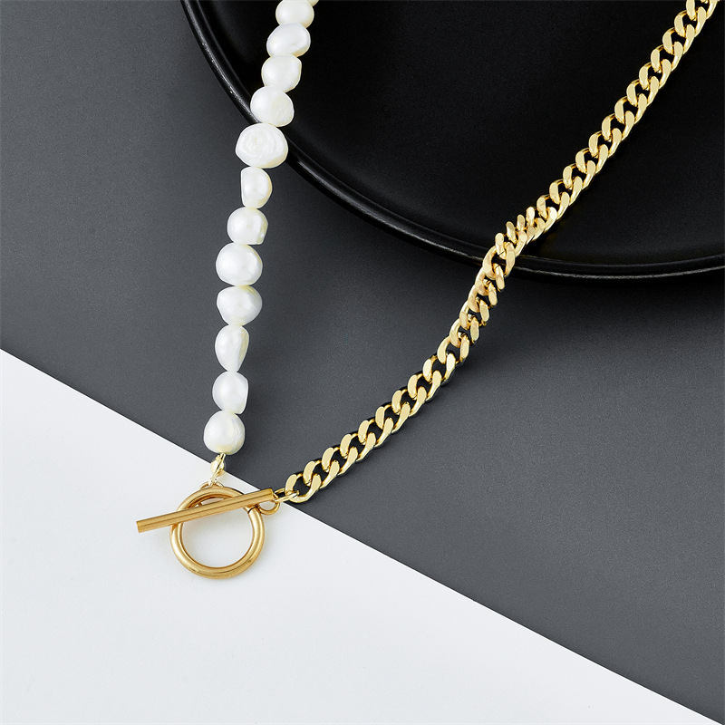 18K Gold Stainless Steel Cuban Chain Real Fresh Water Pearl Fine Jewelry Men Women Dainty Natural Freshwater Pearl Necklace