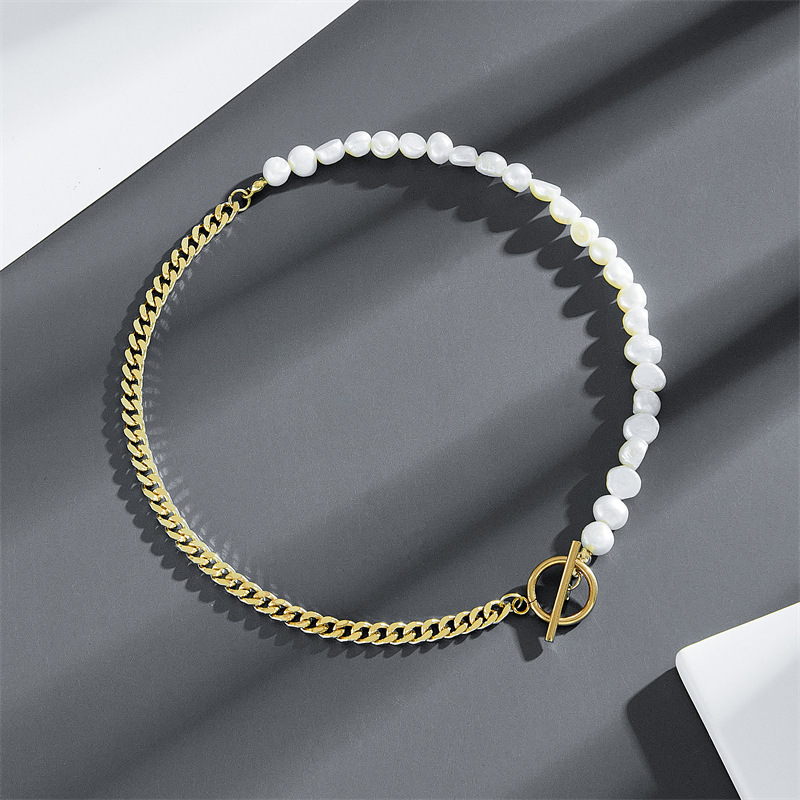 18K Gold Stainless Steel Cuban Chain Real Fresh Water Pearl Fine Jewelry Men Women Dainty Natural Freshwater Pearl Necklace