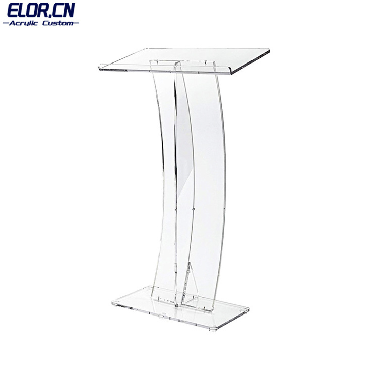 ELOR Custom High Quality Acrylic Church Pulpit Perspex Podium Lectern For Floor With Open Back And Shelf