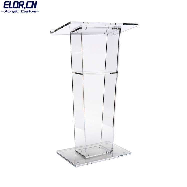 ELOR Custom High Quality Acrylic Church Pulpit Perspex Podium Lectern For Floor With Open Back And Shelf