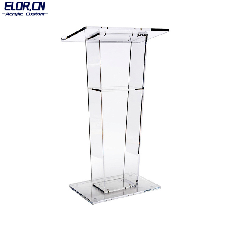 ELOR Custom High Quality Acrylic Church Pulpit Perspex Podium Lectern For Floor With Open Back And Shelf