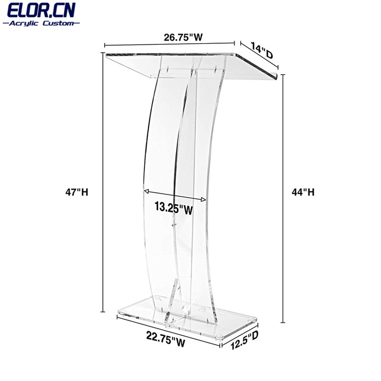 ELOR Custom High Quality Acrylic Church Pulpit Perspex Podium Lectern For Floor With Open Back And Shelf