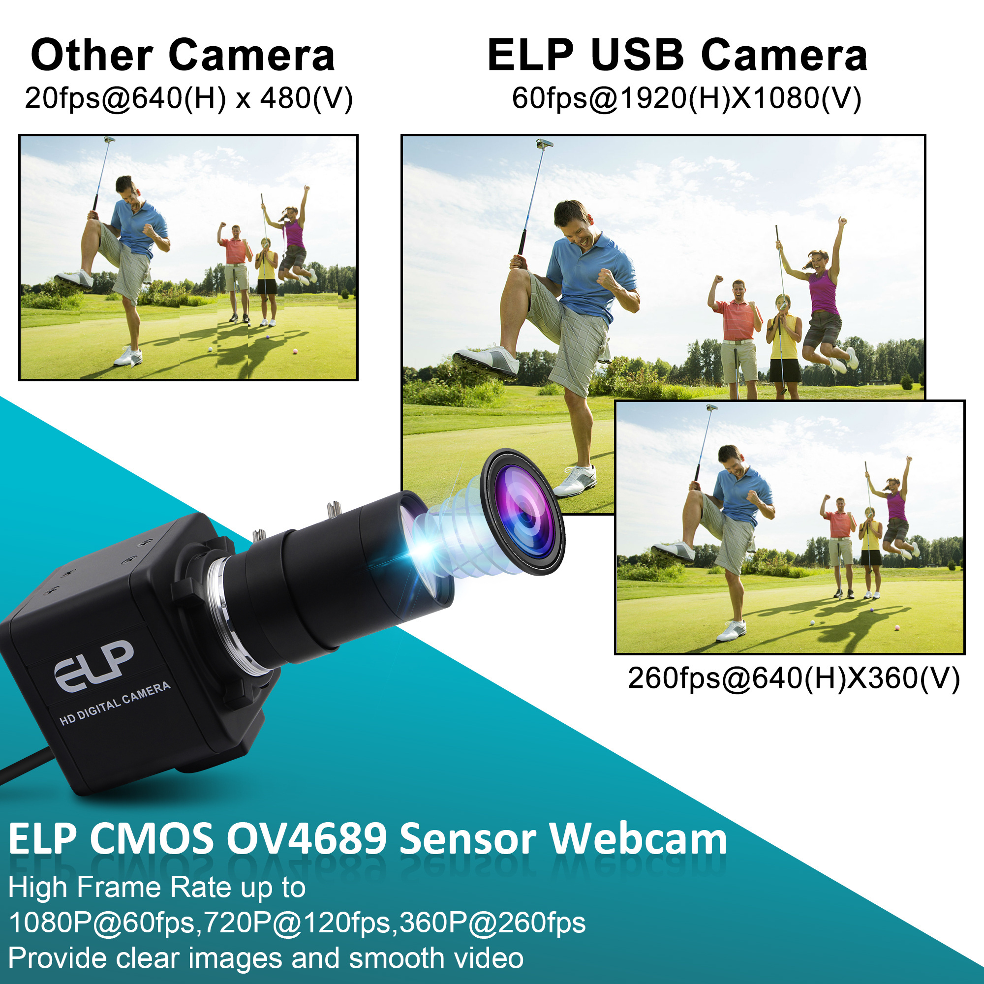 ELP High Speed Camera 260fps 120fps 60fps 1080p 720p Manual Zoom Webcam OV4689 UVC Plug Play PC USB Camera for Golf  Swing