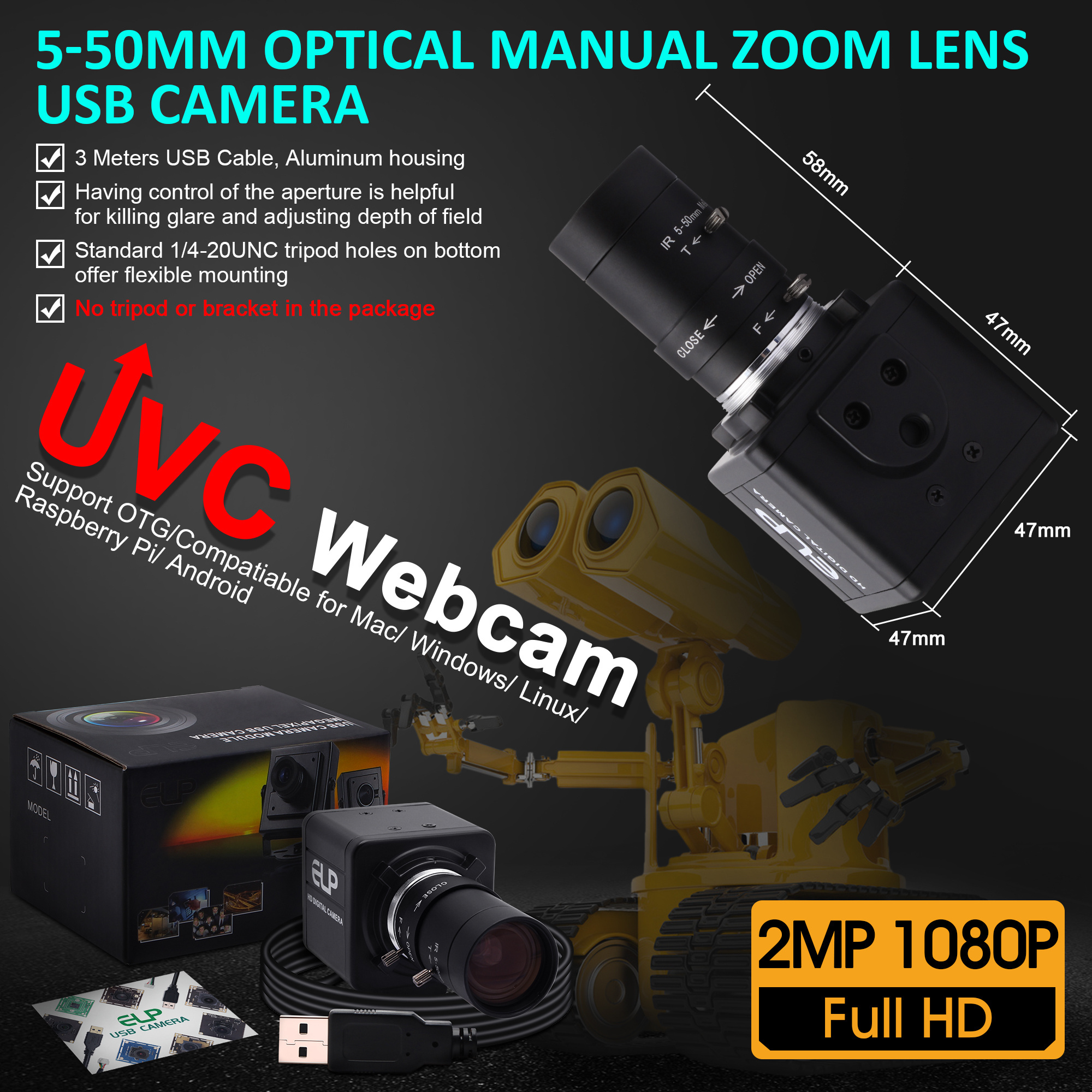 ELP High Speed Camera 260fps 120fps 60fps 1080p 720p Manual Zoom Webcam OV4689 UVC Plug Play PC USB Camera for Golf  Swing