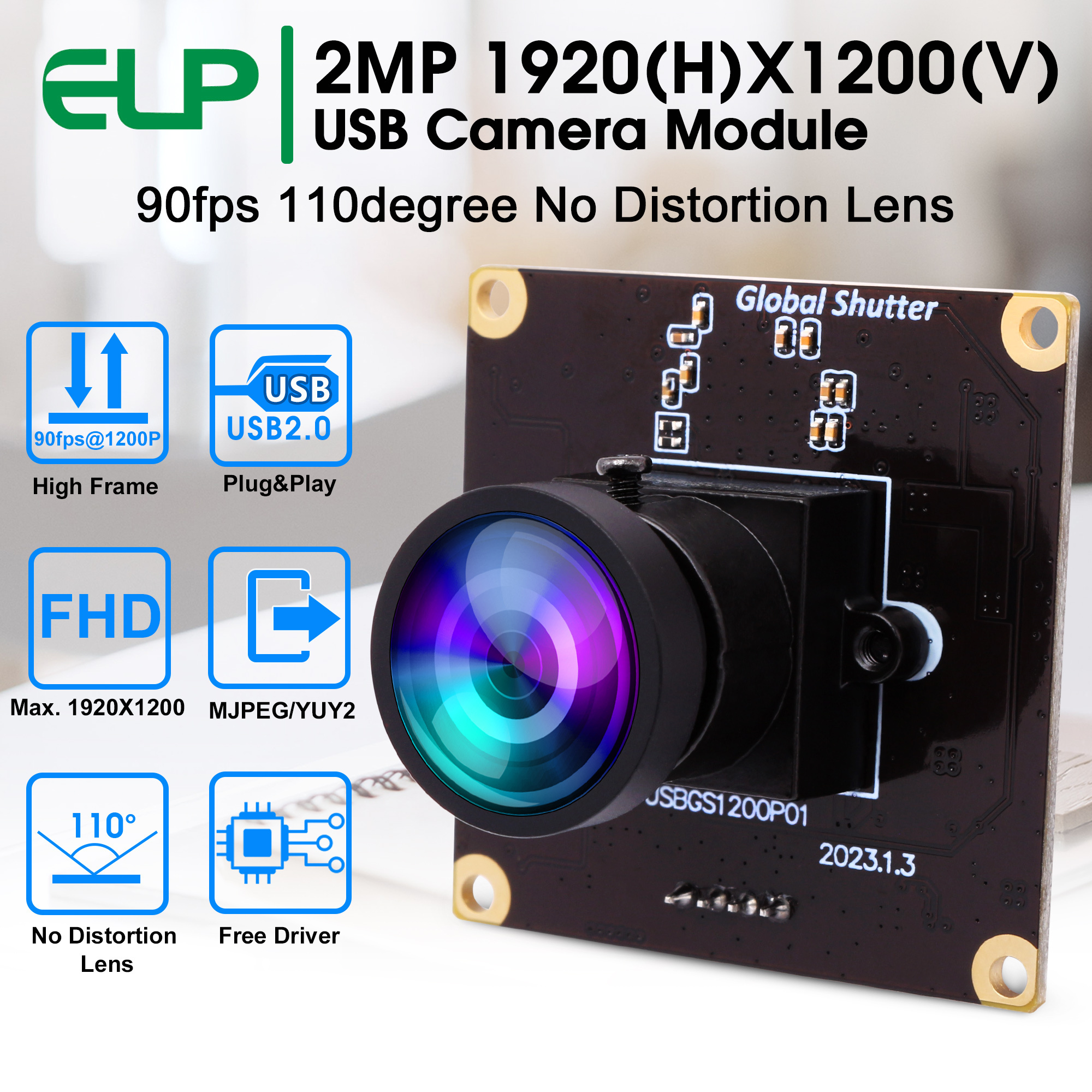 2.3MP Global Shutter 1200P/ 1080P 90fps AR0234 Full HD  USB Webcam Camera Module with No Distortion Lens for Industrial Vision