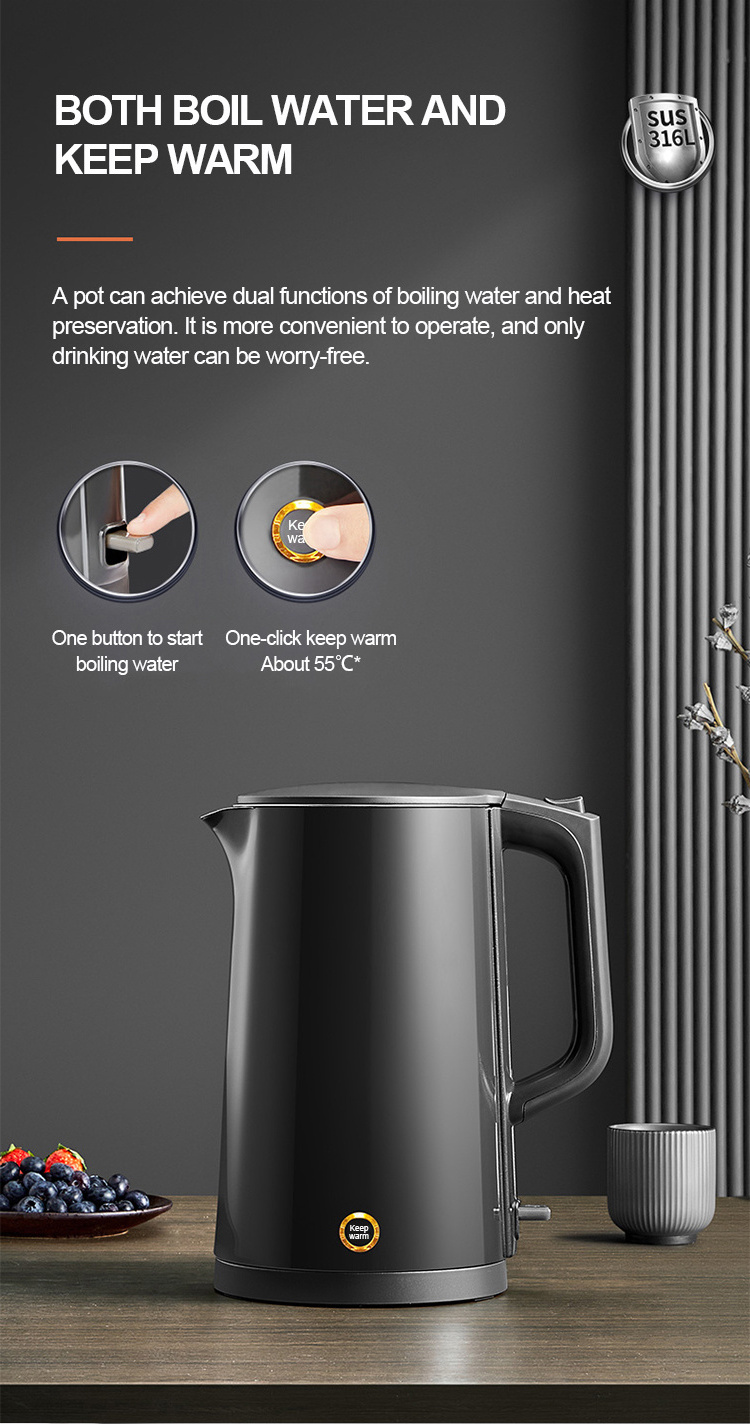 Quick Boiling Boil-dry Protection Long-lasting Keep Warm 1.7L 316 Stainless Steel Liner Portable Electric Kettle