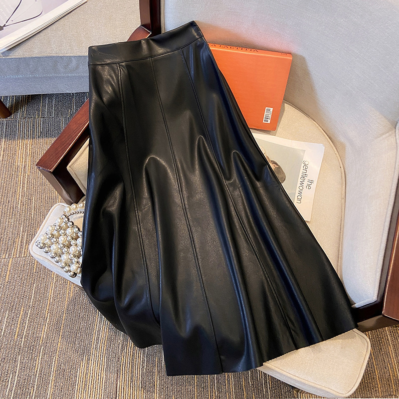 high waist temperament in the long A-line bag buttock umbrella skirt Vintage PU leather skirt for women