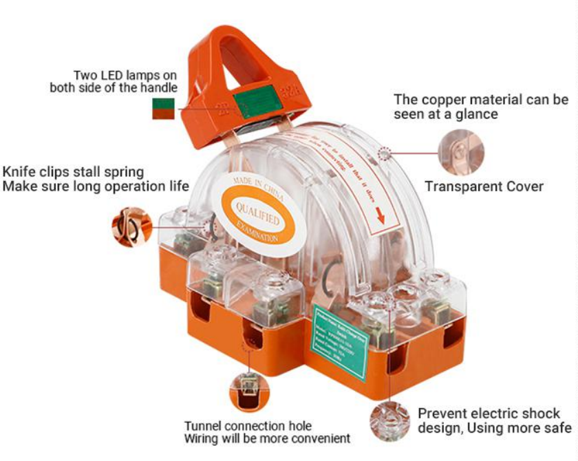 Fire proof changeover knife switch AC/DC with led lamp.