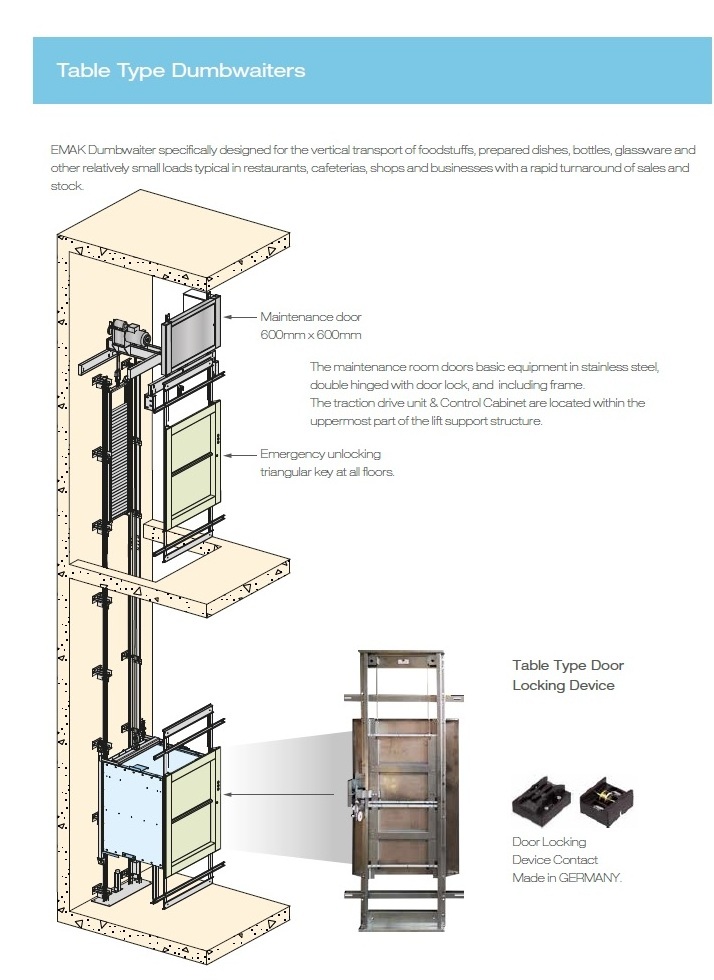 Dumbwaiter Service Lift 50kg Table Type Single Entrance Width 50cm European Standard Emak Food Elevator Easy & Quick Assembly