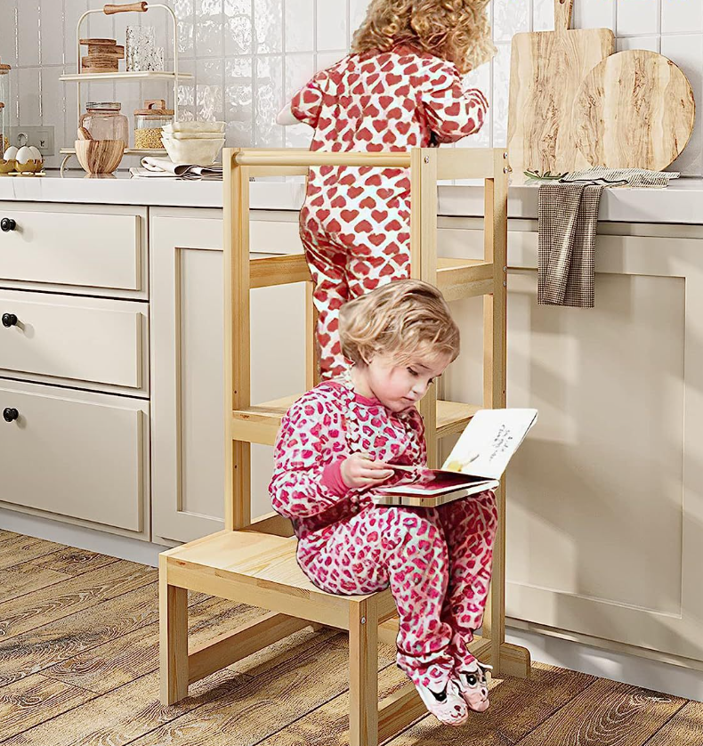 EMA Toddler Tower Kitchen Helper Wooden Help Learning Tower Wooden Step Stool Standing Tower