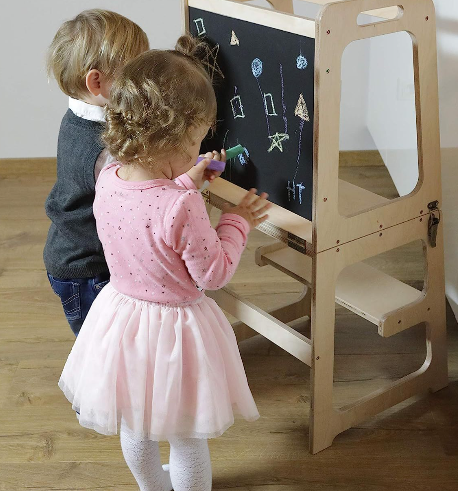 EMA Toddler Tower Kitchen Helper Wooden Help Learning Tower Wooden Step Stool Standing Tower