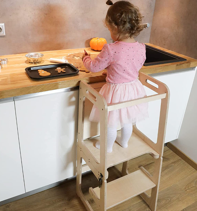 EMA Toddler Tower Kitchen Helper Wooden Help Learning Tower Wooden Step Stool Standing Tower