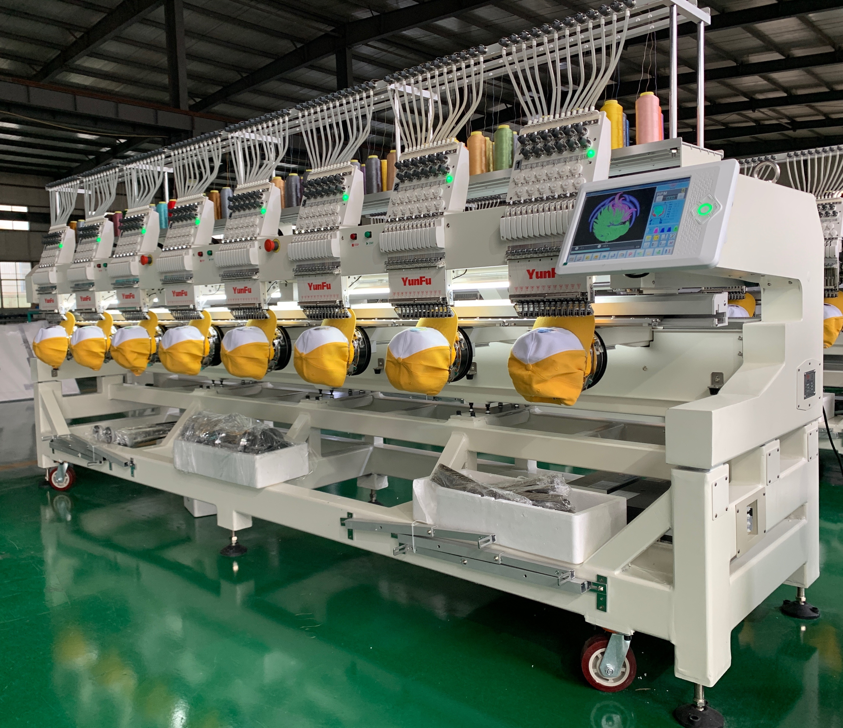 Yunfu high quality 8 Heads 12 needles computerized Embroidery Machine for cap, Tshirt, finished garment, flat embroidery