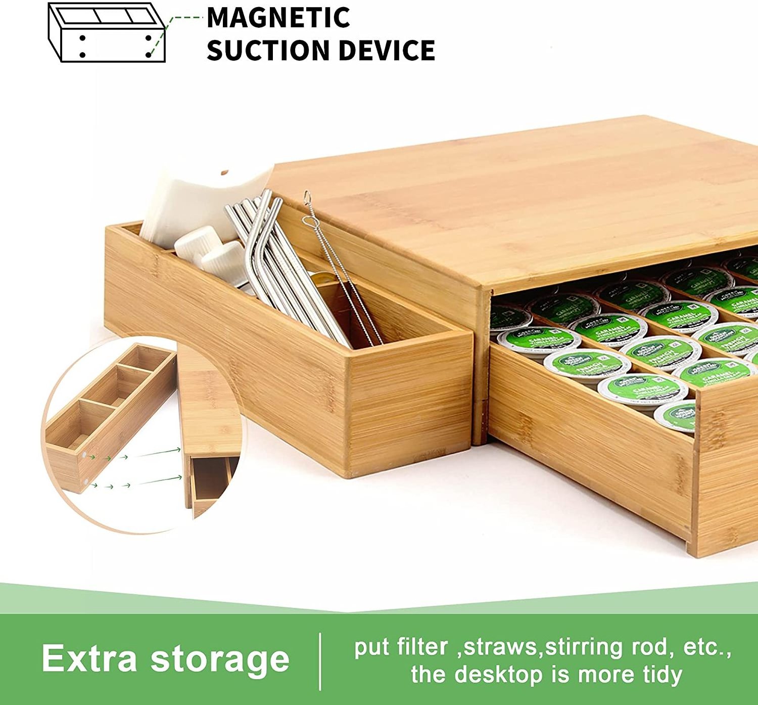 Bamboo Coffee Pod Holder Storage Organizer with Drawer and Side Storage Box for Keurig Cup Pods,Tea Storage and Espresso Pods