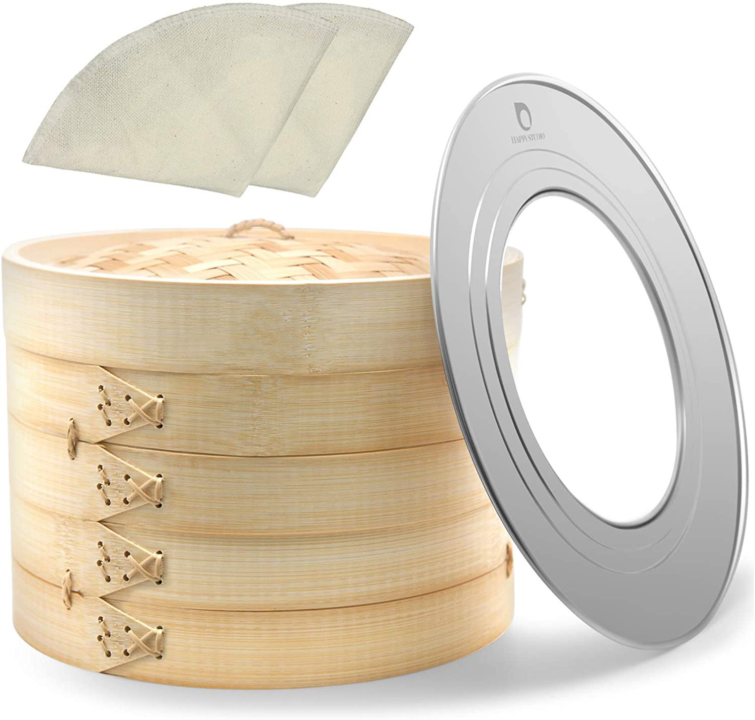 10 inch Bamboo Steamer Basket With Cotton Liners and 304 Stainless Steel Steamer Ring Set