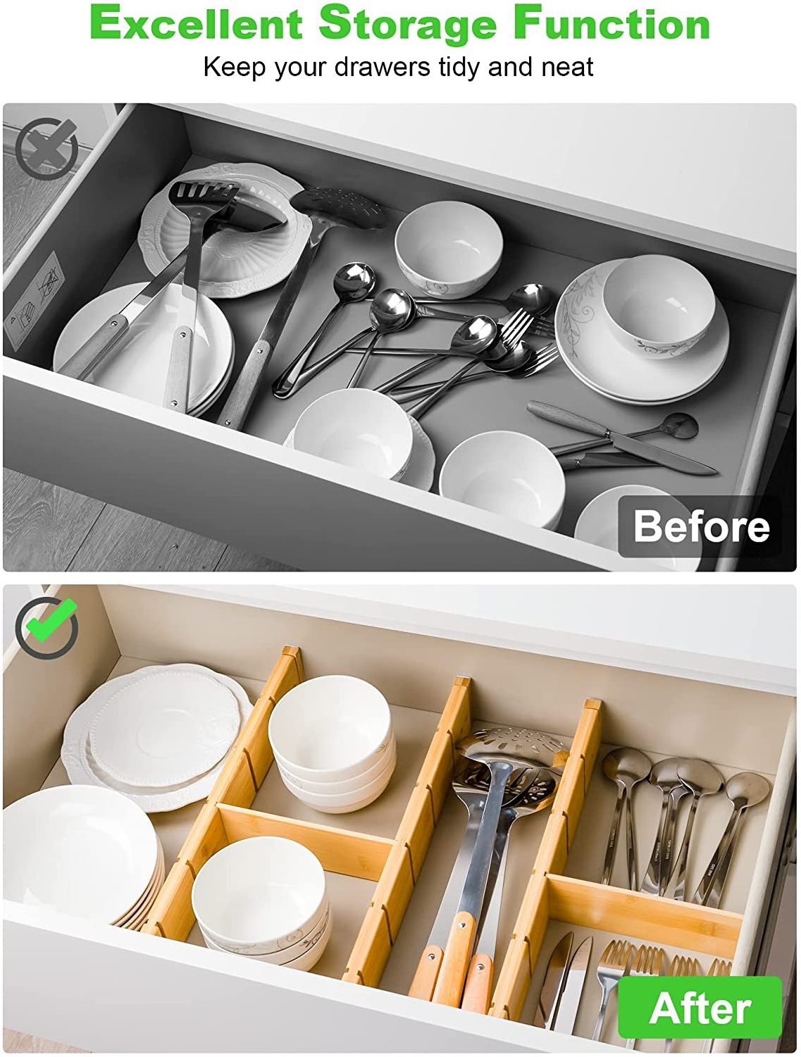 Bamboo Drawer Dividers with 6 Inserts Expandable Drawer Organizer Spring Loaded Adjustable Kitchen Drawer Organizer Natural 0.6