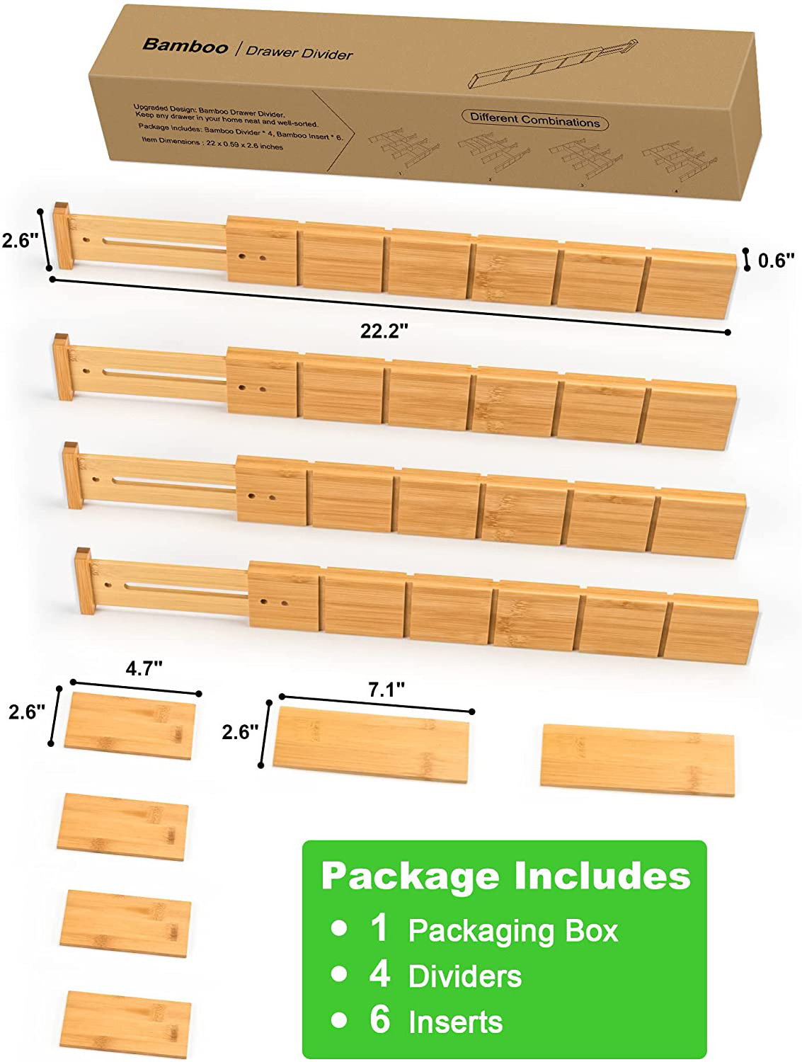 Bamboo Drawer Dividers with 6 Inserts Expandable Drawer Organizer Spring Loaded Adjustable Kitchen Drawer Organizer Natural 0.6