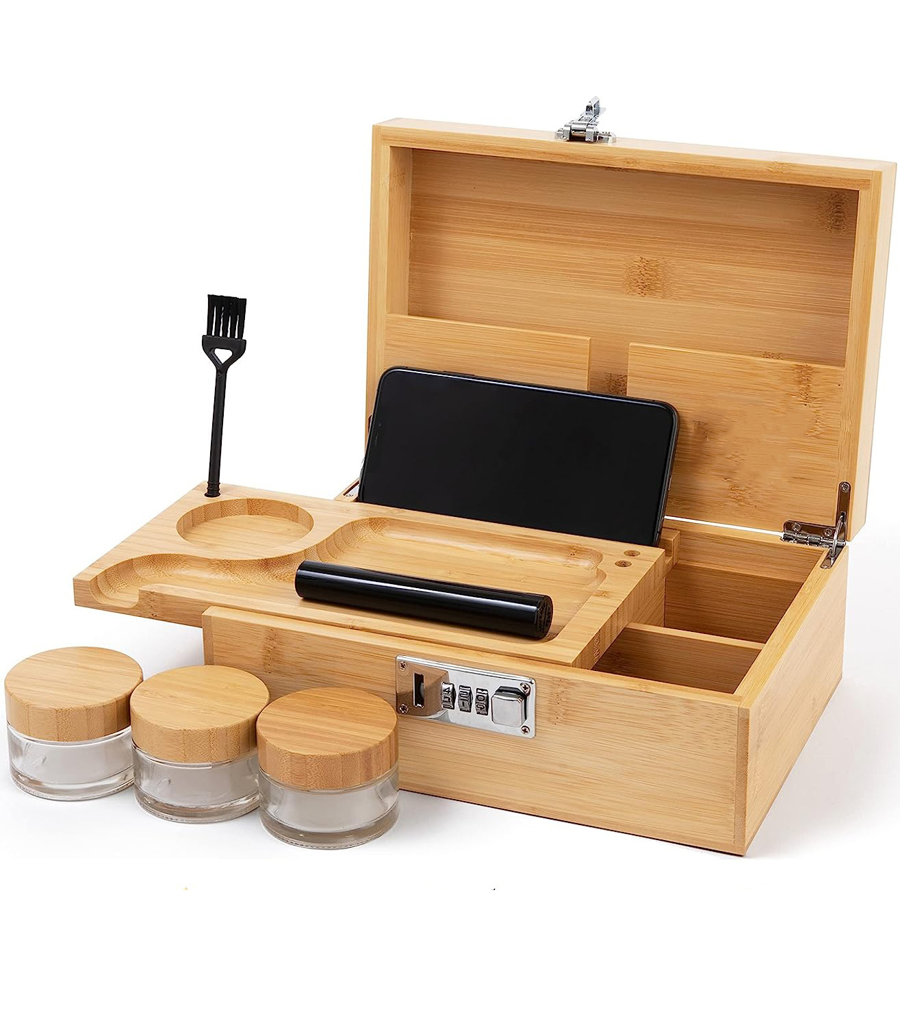 natural bamboo wood hash herb locking stash box with rolling tray luxury