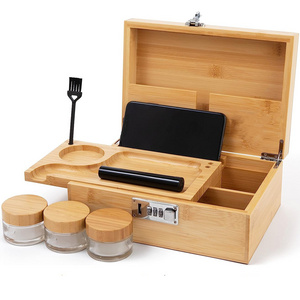 natural bamboo wood hash herb locking stash box with rolling tray luxury