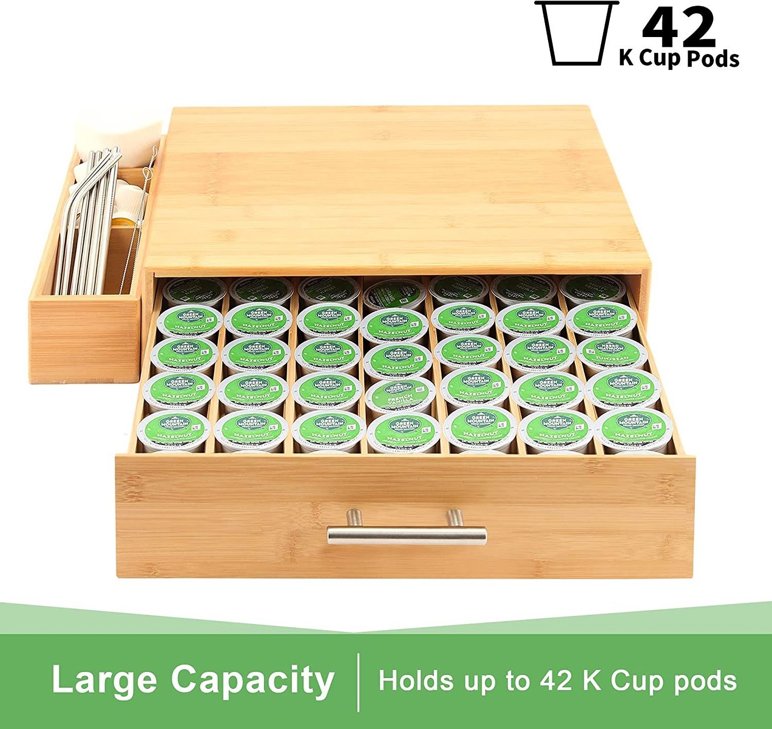 Bamboo Coffee Pod Holder Storage Organizer with Drawer and Side Storage Box for Keurig Cup Pods,Tea Storage and Espresso Pods