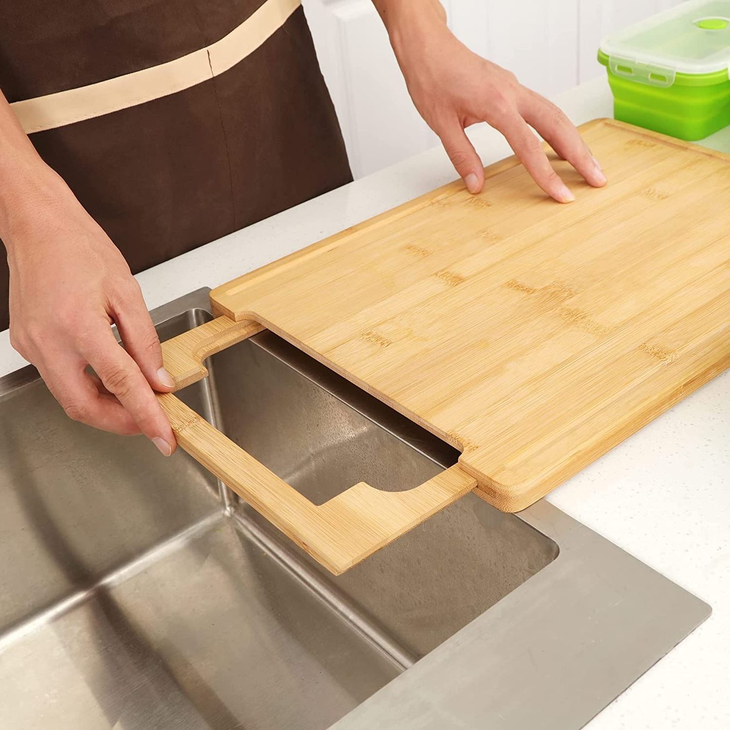 Expandable Bamboo Cutting Board With Containers,Over The Sink Cutting Board For Kitchen,Meal Prep deck For Food