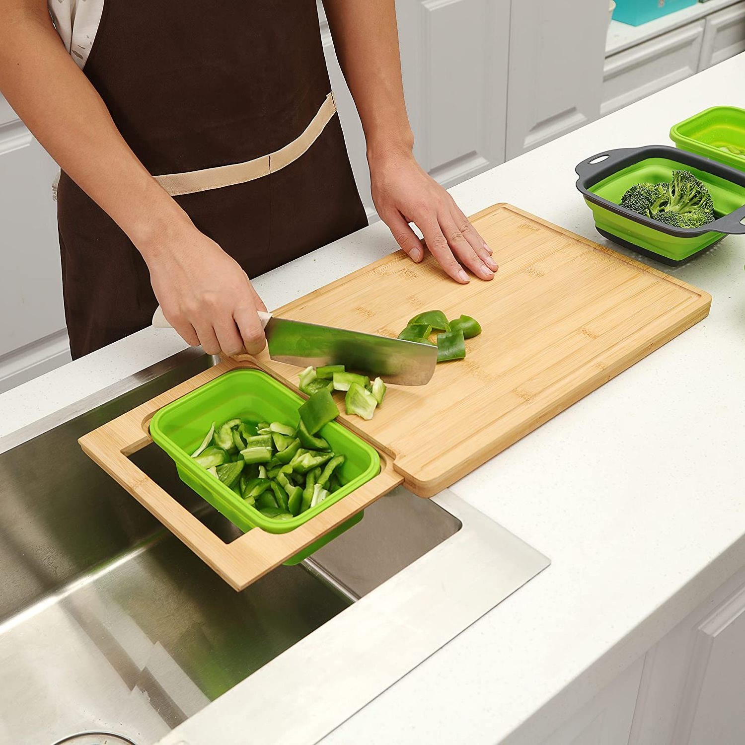 Expandable Bamboo Cutting Board With Containers,Over The Sink Cutting Board For Kitchen,Meal Prep deck For Food