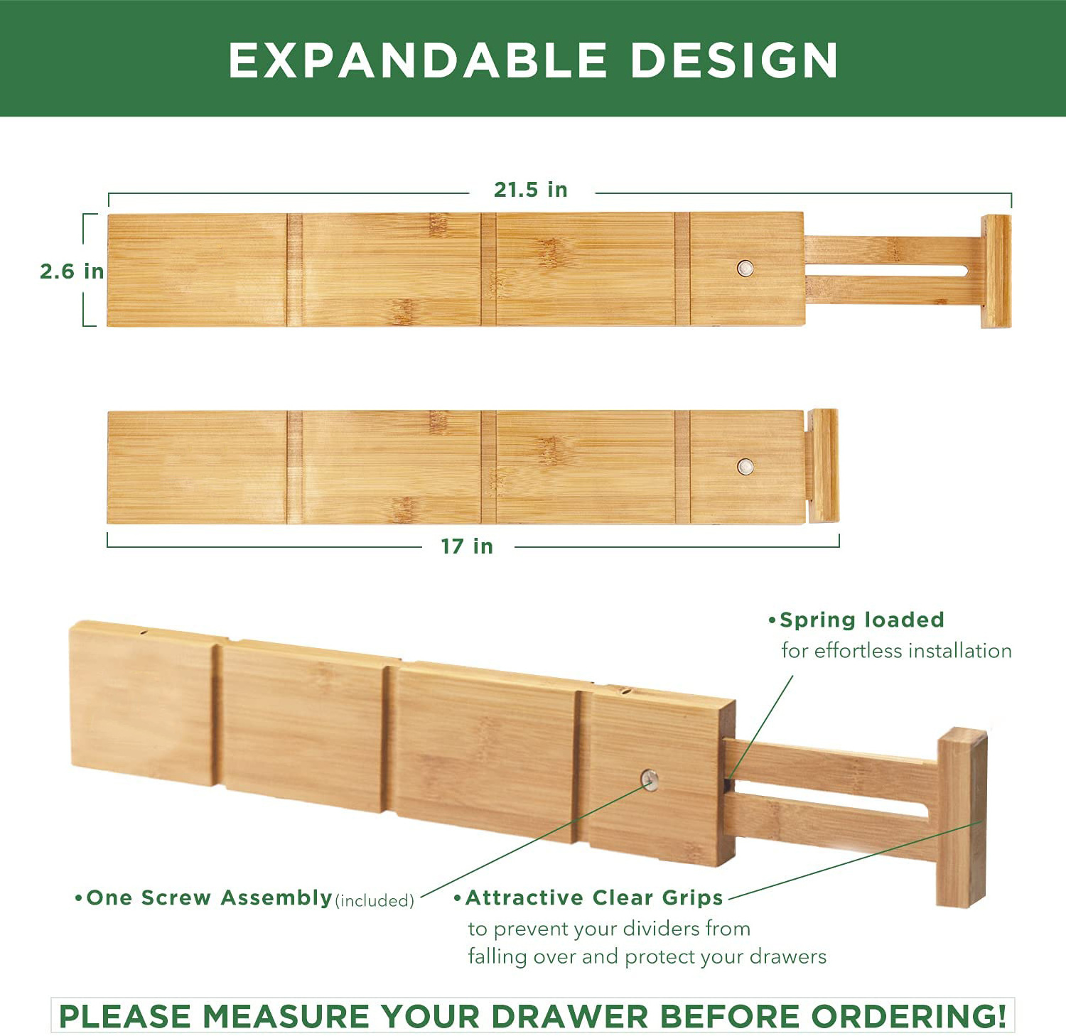 Kitchen Drawer Dividers with Inserts and Liner - Adjustable Bamboo Organizers for Drawers - Spring Loaded Expandable Organizer