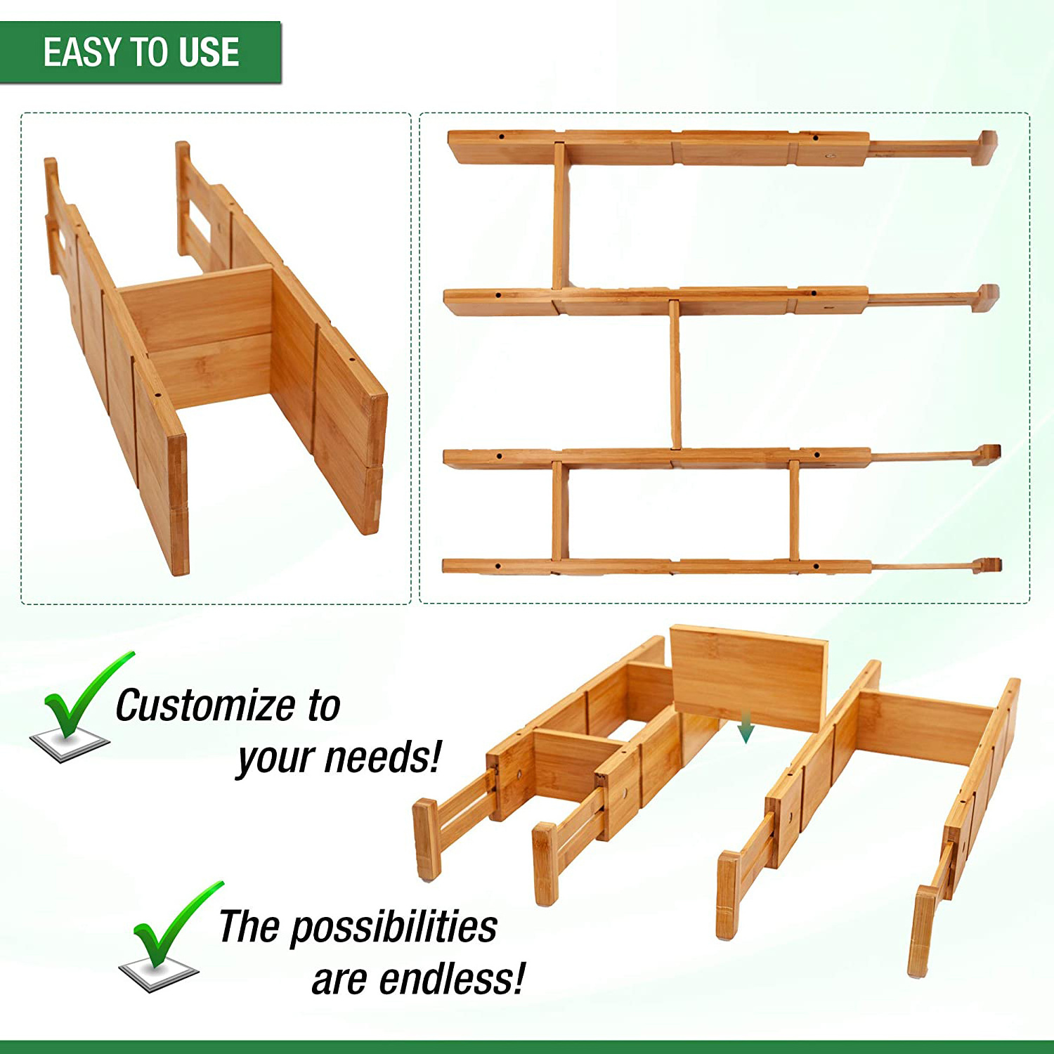 Kitchen Drawer Dividers with Inserts and Liner - Adjustable Bamboo Organizers for Drawers - Spring Loaded Expandable Organizer