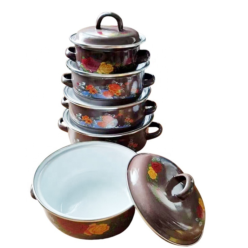 5PCS Kitchen Camping Vintage Stew Pot Cookware Dual Handle Floral Ramen Enamel Casserole Cooking Pot Set