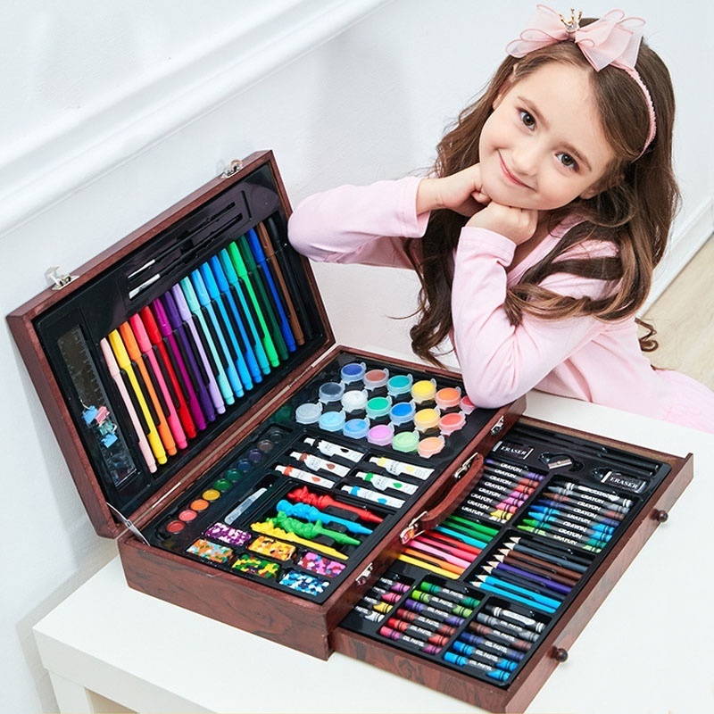 123 Piece Wooden Portable Children Artist Creative Supplies Kit Coloring Paint Drawing Art Set