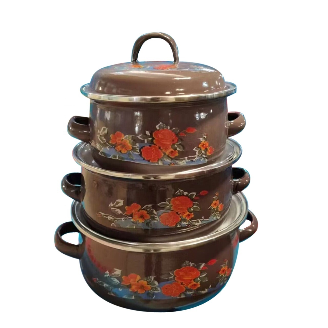 5PCS Kitchen Camping Vintage Stew Pot Cookware Dual Handle Floral Ramen Enamel Casserole Cooking Pot Set