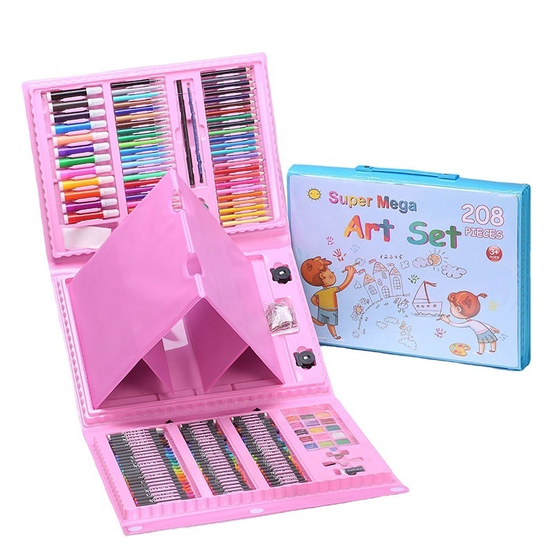 Hot Selling Triple Fold 208 Pieces Colour Painting Kit Children DIY Colorful Drawing Art Set With Easel