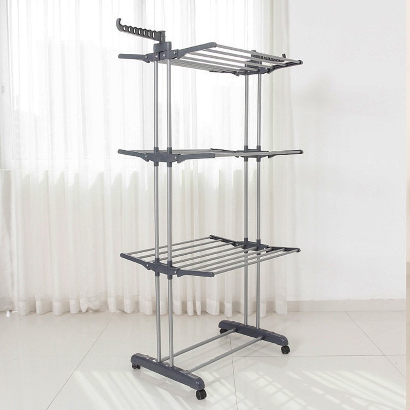 Multi-layer movable clothes drying rack, home folding telescopic floor-standing double pole clothes rack