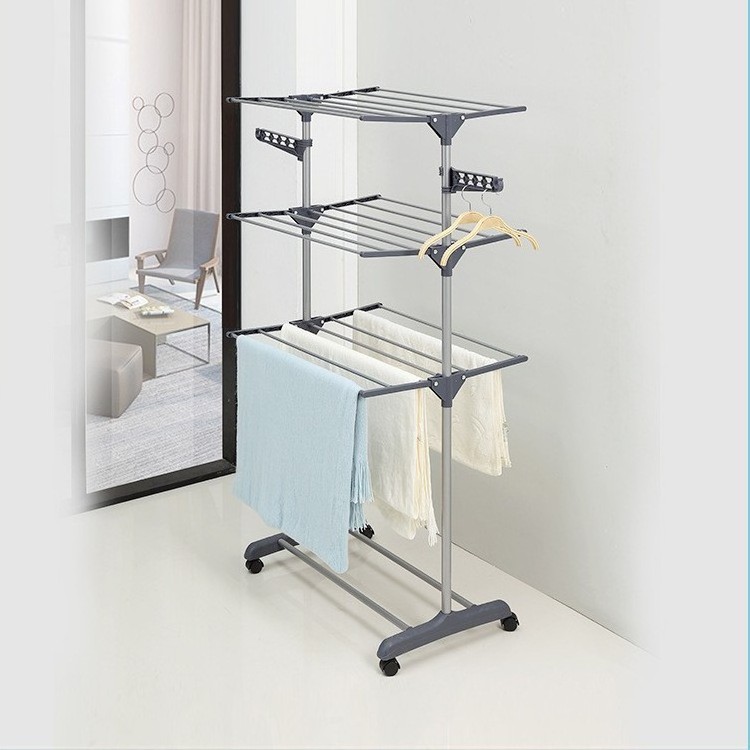 Multi-layer movable clothes drying rack, home folding telescopic floor-standing double pole clothes rack