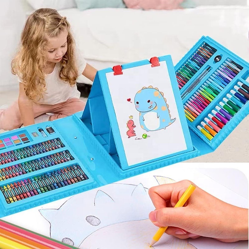 Hot Selling Triple Fold 208 Pieces Colour Painting Kit Children DIY Colorful Drawing Art Set With Easel