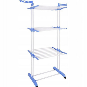 Multi-layer movable clothes drying rack, home folding telescopic floor-standing double pole clothes rack