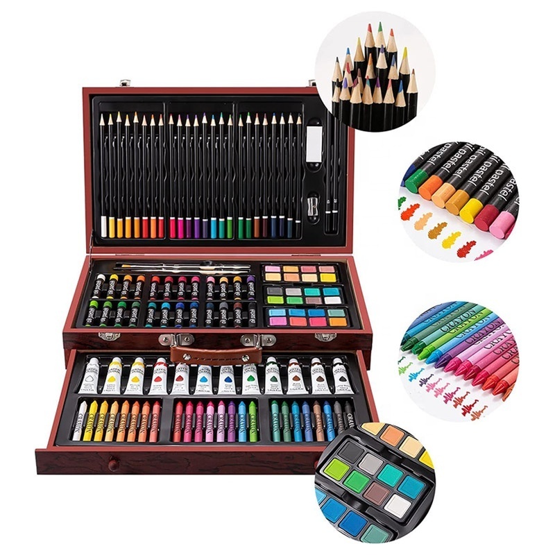 123 Piece Wooden Portable Children Artist Creative Supplies Kit Coloring Paint Drawing Art Set