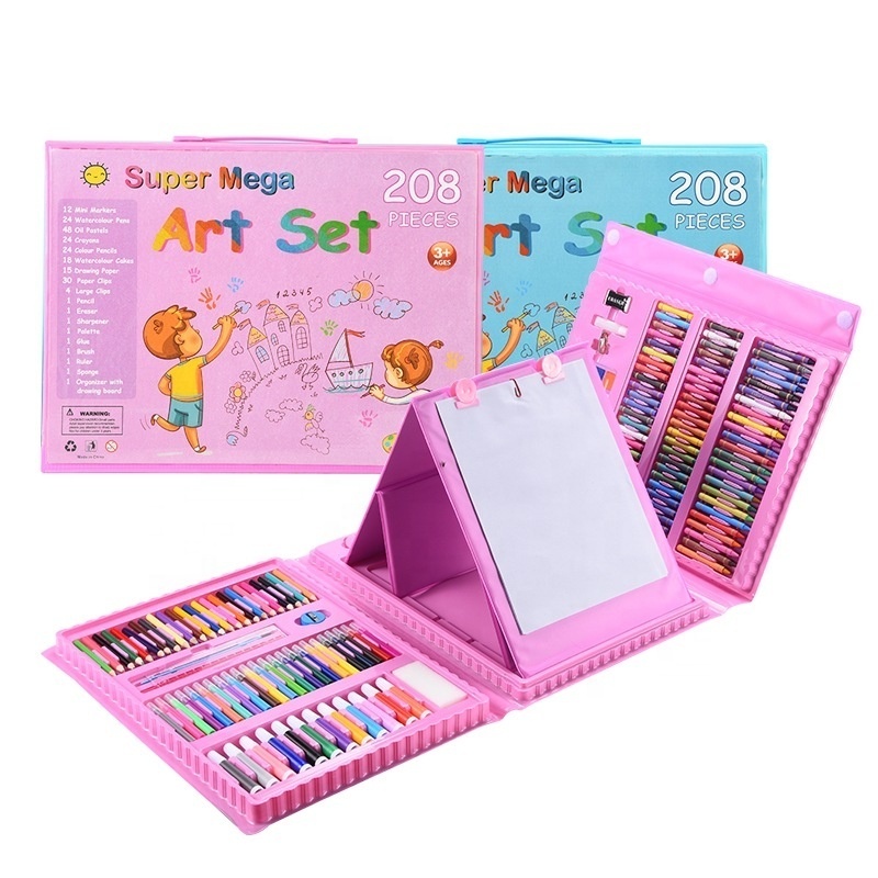 Hot Selling Triple Fold 208 Pieces Colour Painting Kit Children DIY Colorful Drawing Art Set With Easel