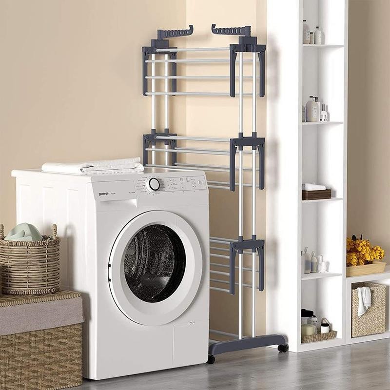 Multi-layer movable clothes drying rack, home folding telescopic floor-standing double pole clothes rack