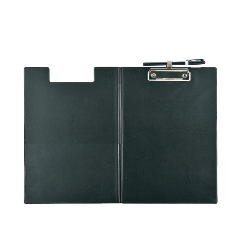 Office standard leather folding clipboard PVC A4 size clip board with pen holder