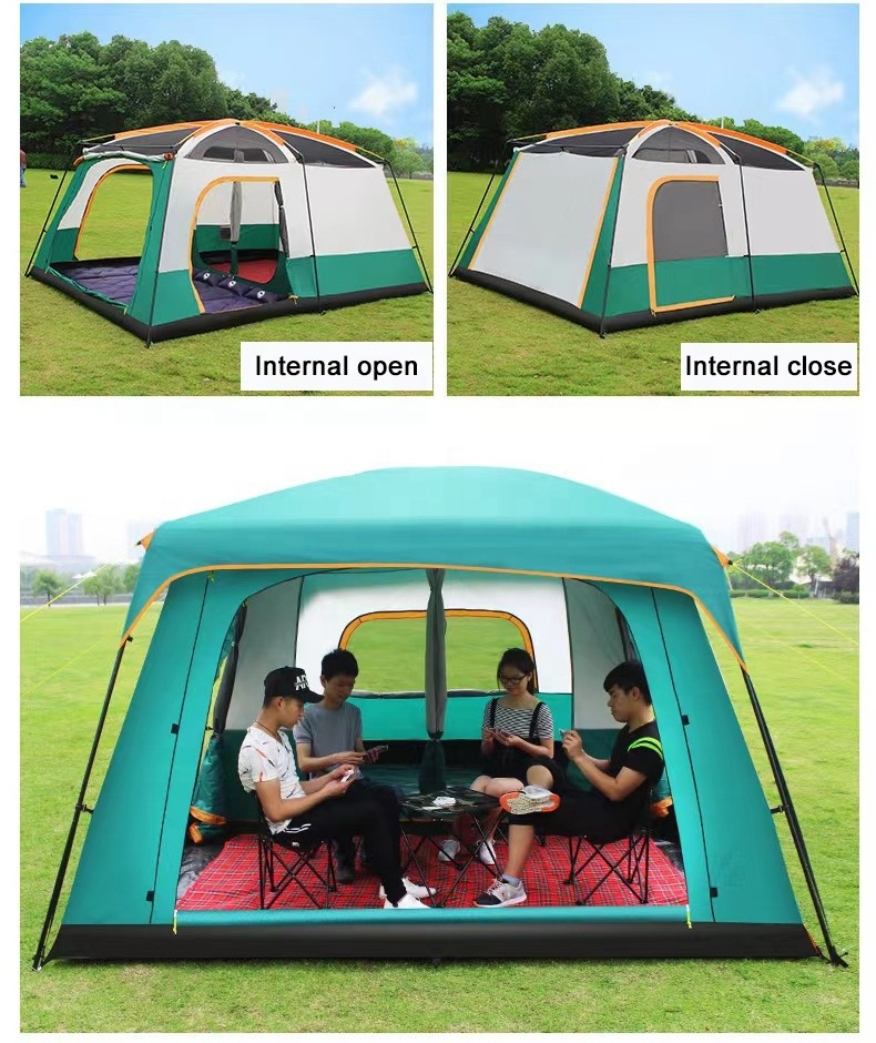 Large luxury double layer 2 rooms 1 living room 6-10 persons family tourist camping outdoor waterproof tent